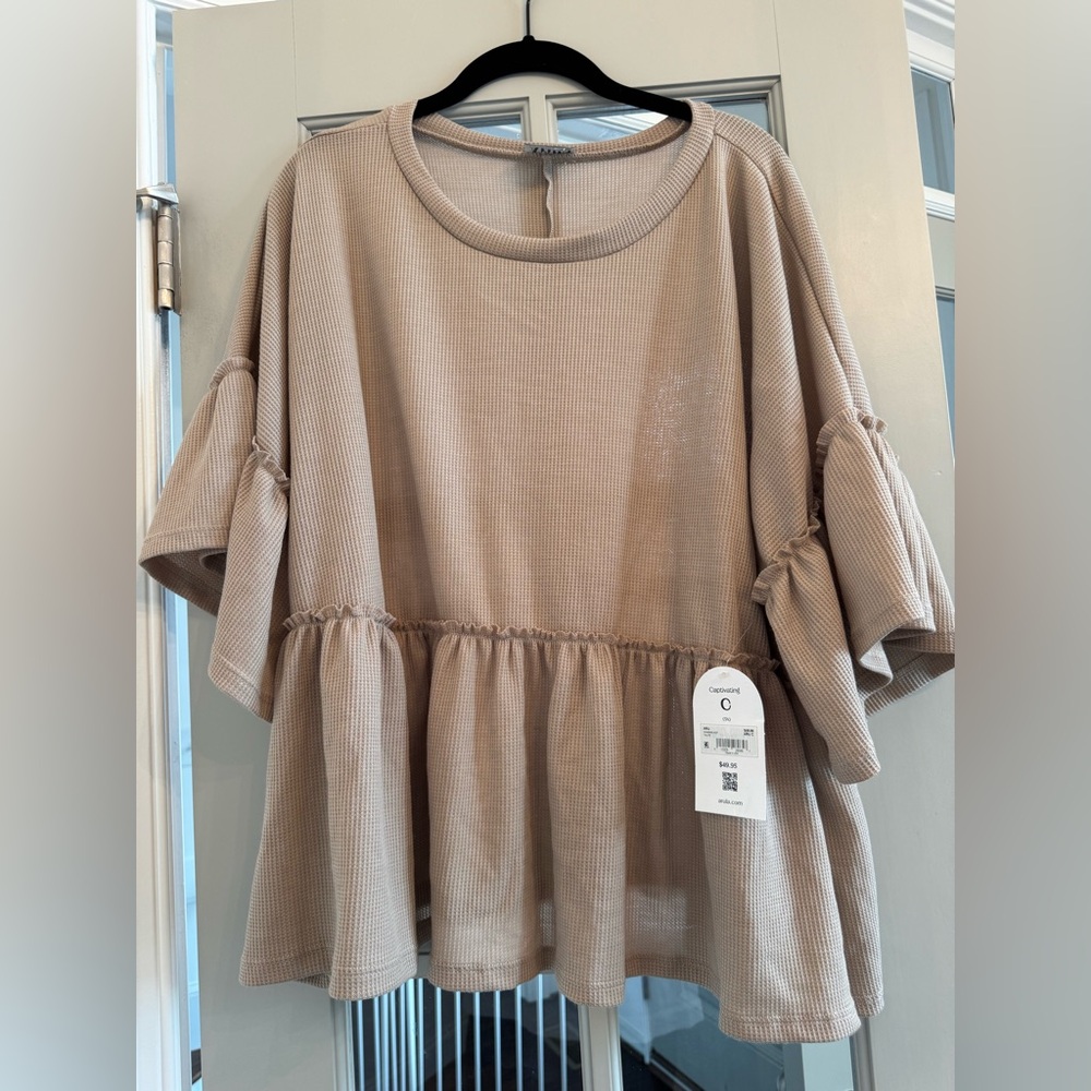 ARULA Taupe Ruffle Sleeve Blouse